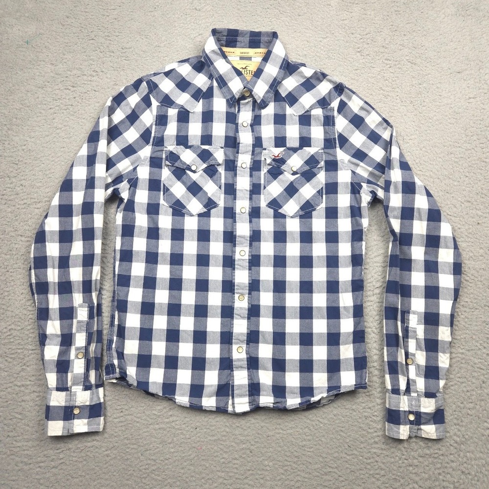 Hollister Surfer Cut Western Pearl Snap Shirt Men L Blue White Plaid Cotton